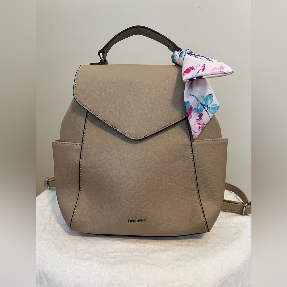 Nine West backpack purse, beige with removable scarf